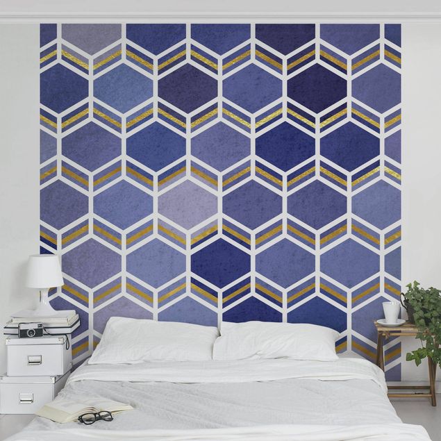 Wanddeko Wohnzimmer Hexagonträume Muster in Indigo
