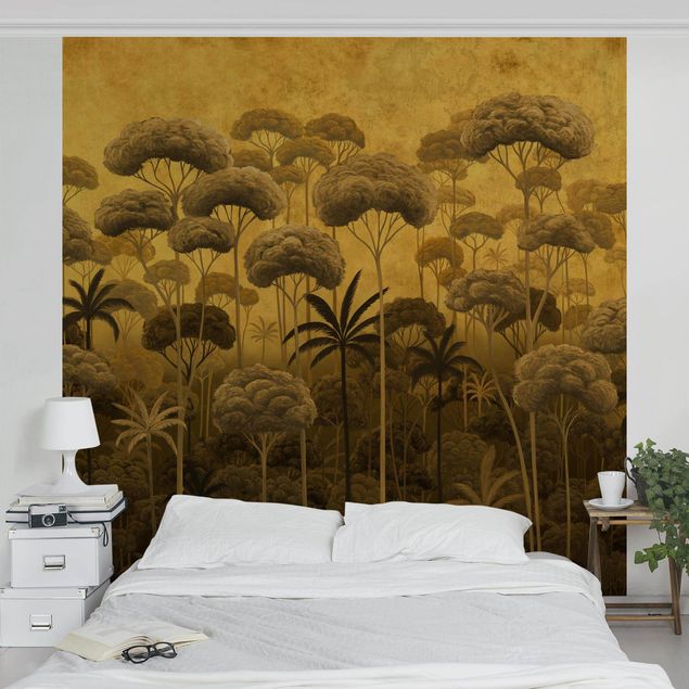 Wanddeko Wohnzimmer Hohe Bäume im Dschungel in goldener Tönung