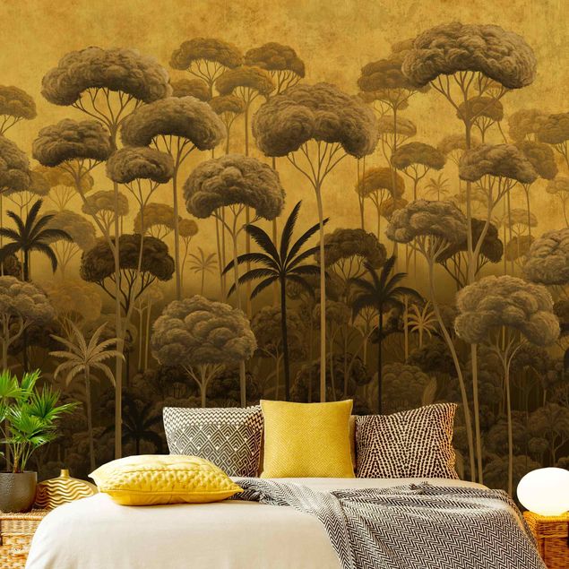 Wanddeko Schlafzimmer Hohe Bäume im Dschungel in goldener Tönung