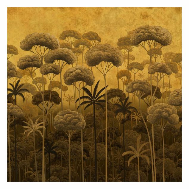 Wanddeko Treppenhaus Hohe Bäume im Dschungel in goldener Tönung