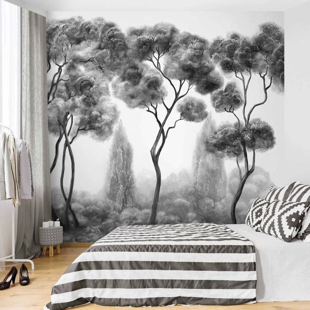 Wanddeko Wohnzimmer Hohe Bäume schwarz-weiß