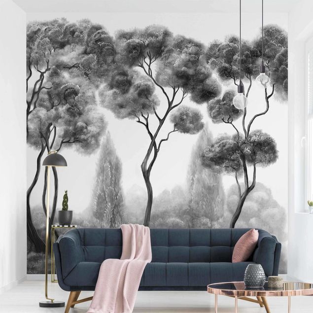 Wanddeko Schlafzimmer Hohe Bäume schwarz-weiß