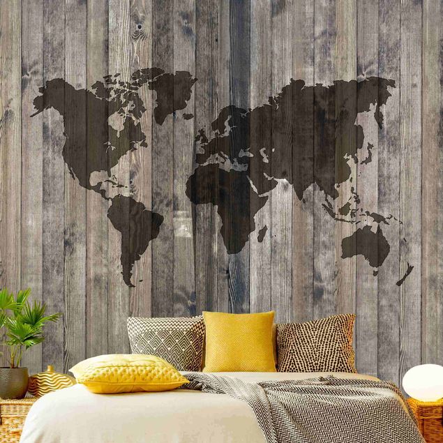 Wanddeko Esszimmer Holz Weltkarte