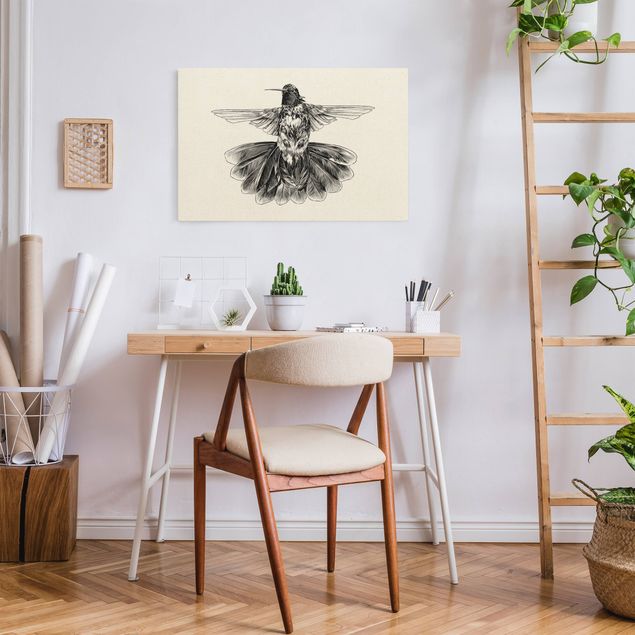 Wanddeko über Sofa Illustration fliegender Kolibri Schwarz