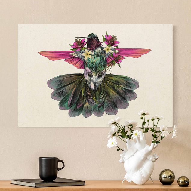 Wanddeko Wohnzimmer Illustration floraler Kolibri