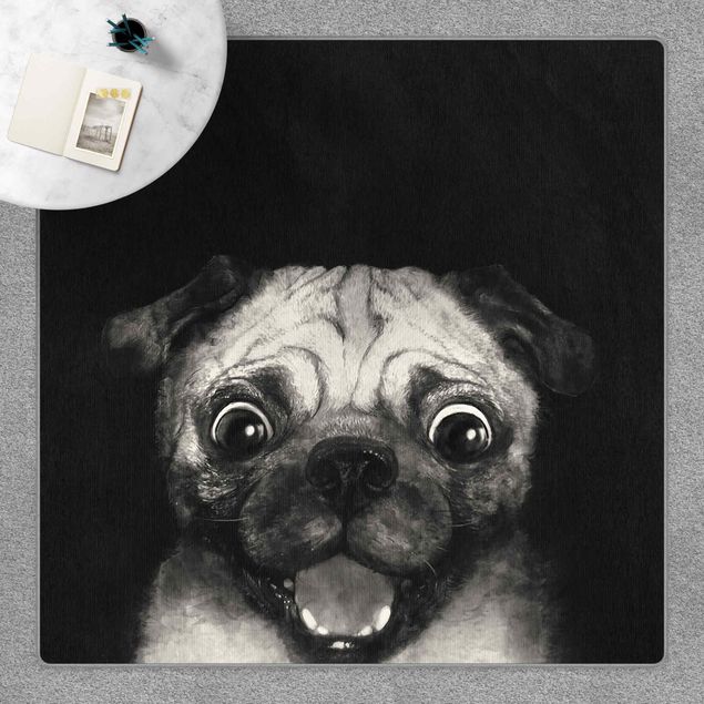 Wanddeko schwarz-weiß Illustration Hund Mops Malerei auf Schwarz Weiß