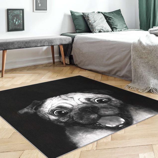 Wanddeko Praxis Illustration Hund Mops Malerei auf Schwarz Weiß