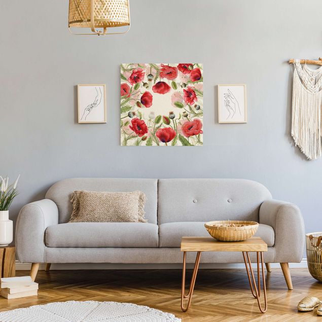 Wanddeko Wohnzimmer Illustrierte Mohnblumen