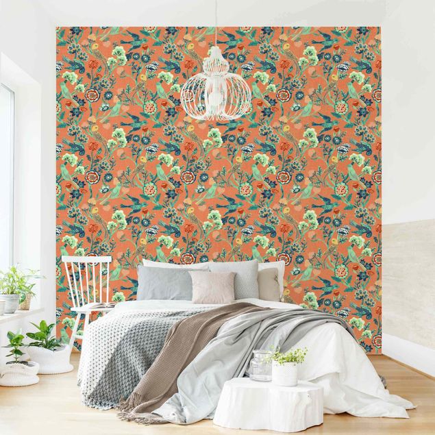 Wanddeko Wohnzimmer Indisches Muster Vögel mit Blumen Orange