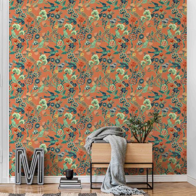 Wanddeko Schlafzimmer Indisches Muster Vögel mit Blumen Orange