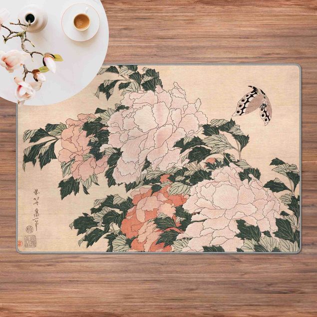 Wanddeko Blume Katsushika Hokusai - Rosa Pfingstrosen mit Schmetterling