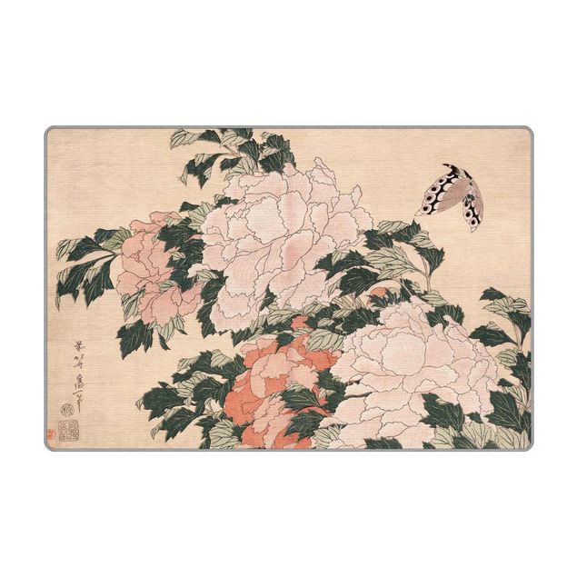 Wanddeko rosa Katsushika Hokusai - Rosa Pfingstrosen mit Schmetterling