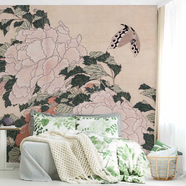 Wanddeko Wohnzimmer Katsushika Hokusai - Rosa Pfingstrosen mit Schmetterling