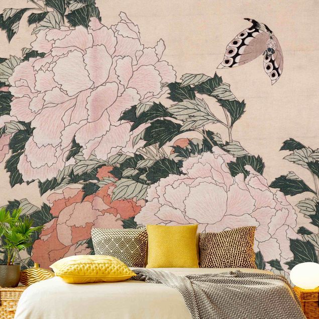 Deko Blume Katsushika Hokusai - Rosa Pfingstrosen mit Schmetterling