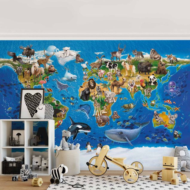 Wanddeko Babyzimmer Weltkarte mit Tieren