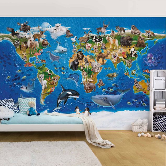 Wanddeko Mädchenzimmer Weltkarte mit Tieren