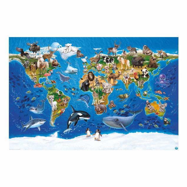 Wanddeko Jungenzimmer Weltkarte mit Tieren