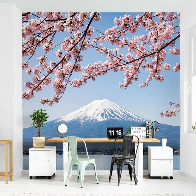Wanddeko blau Kirschblüten mit Berg Fuji