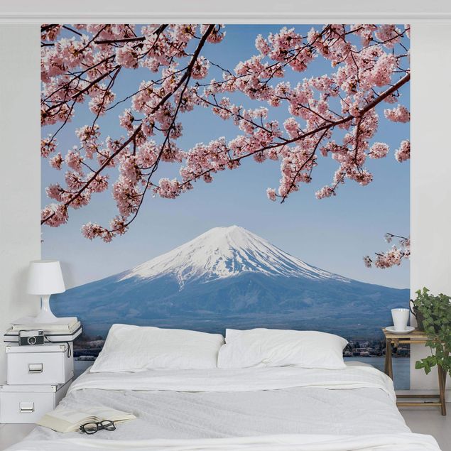 Wanddeko Wohnzimmer Kirschblüten mit Berg Fuji