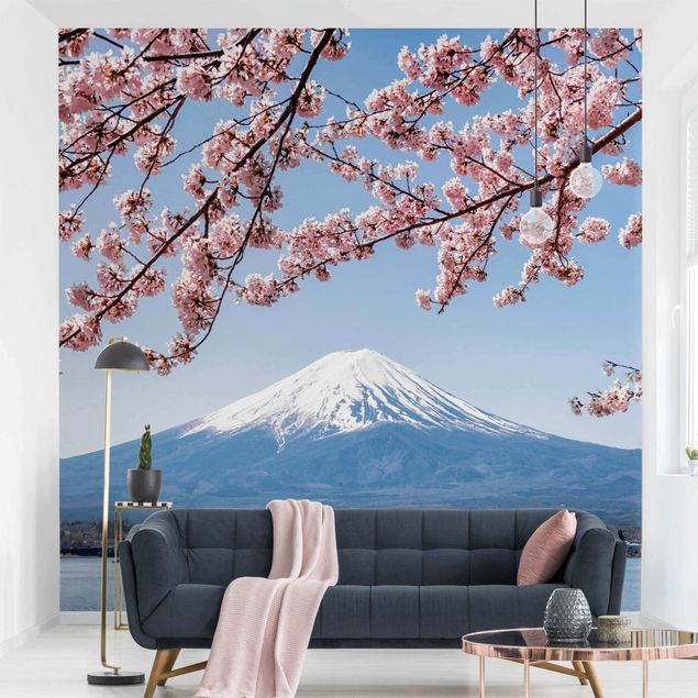 Wanddeko Schlafzimmer Kirschblüten mit Berg Fuji