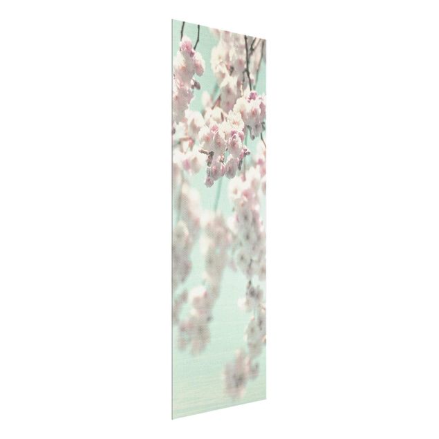 Wanddeko Esszimmer Kirschblütentanz auf Leinenstruktur