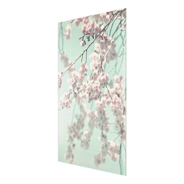 Wanddeko Büro Kirschblütentanz auf Leinenstruktur