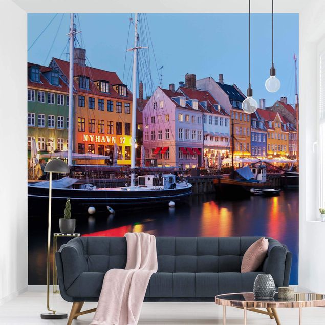 Wanddeko Wohnzimmer Kopenhagener Hafen am Abend