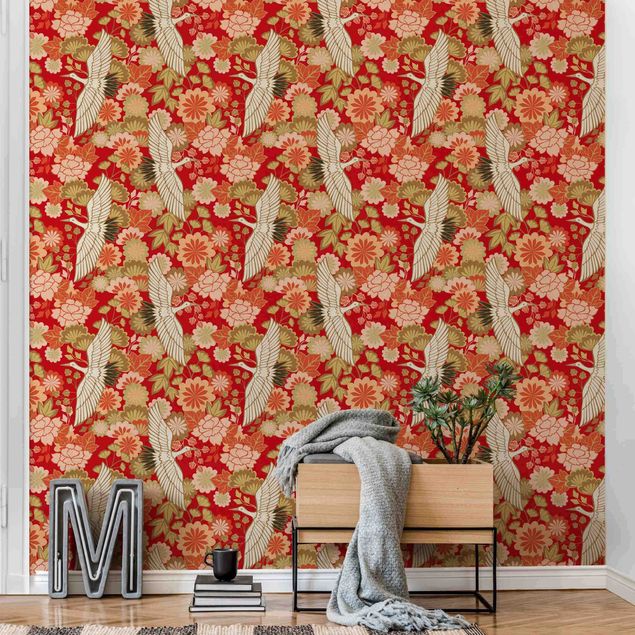 Wanddeko Wohnzimmer Kraniche und Chrysanthemen Rot