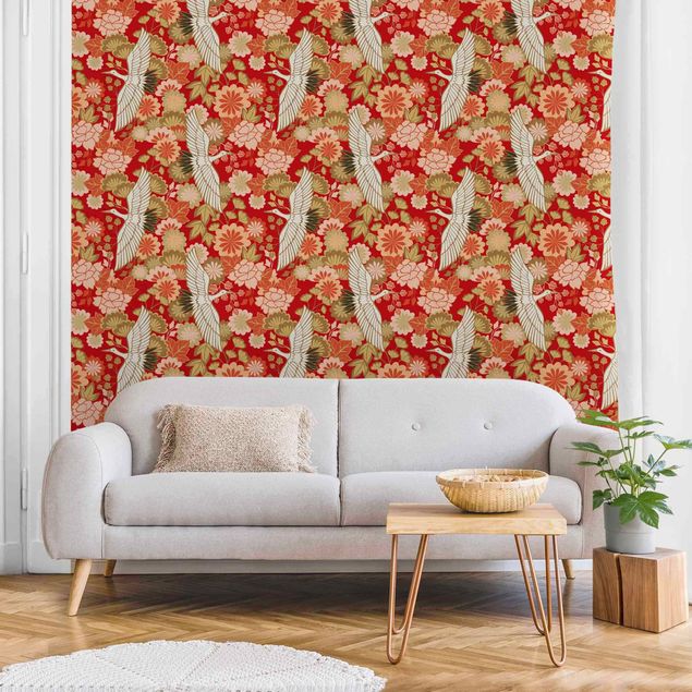 Wanddeko Schlafzimmer Kraniche und Chrysanthemen Rot