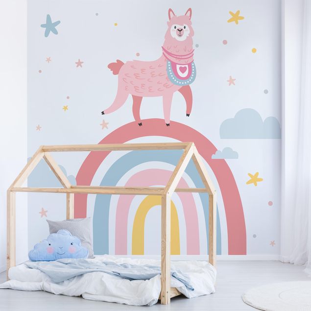 Deko Kinderzimmer Lama auf Regenbogen mit Sternen und Pünktchen