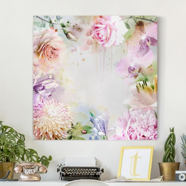 Pastell Quadrat | Blütenmix Aquarell Leinwandbild als WALLART