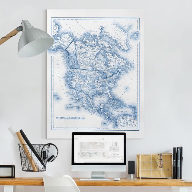 Wanddeko Wohnzimmer Karte in Blautönen - Nordamerika