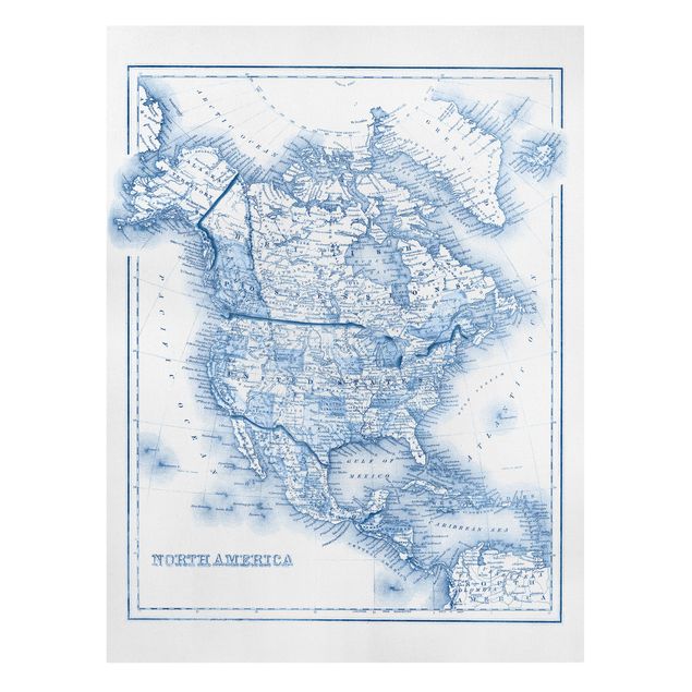 Wanddeko Esszimmer Karte in Blautönen - Nordamerika