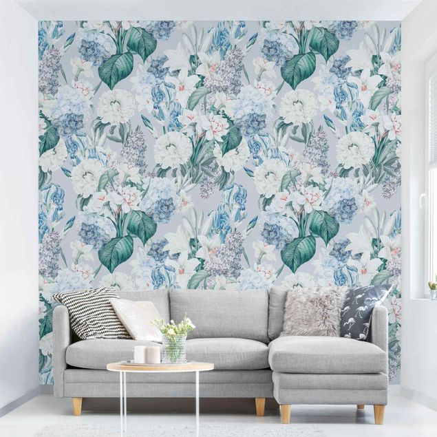 Wanddeko Wohnzimmer Lilien und Hortensien auf Blau