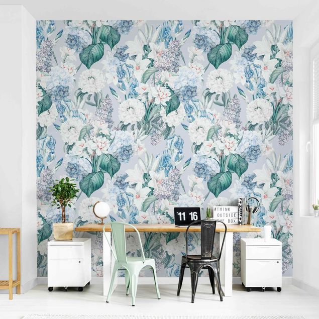 Wanddeko Schlafzimmer Lilien und Hortensien auf Blau
