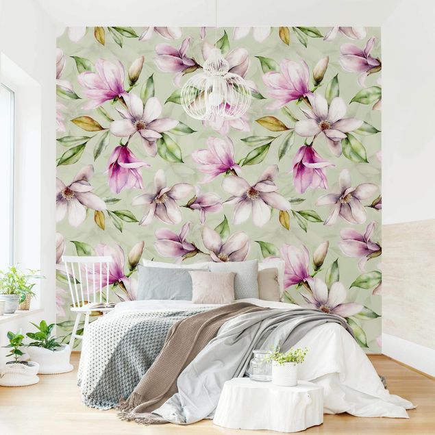 Wanddeko Wohnzimmer Magnolien Illustration auf Mint