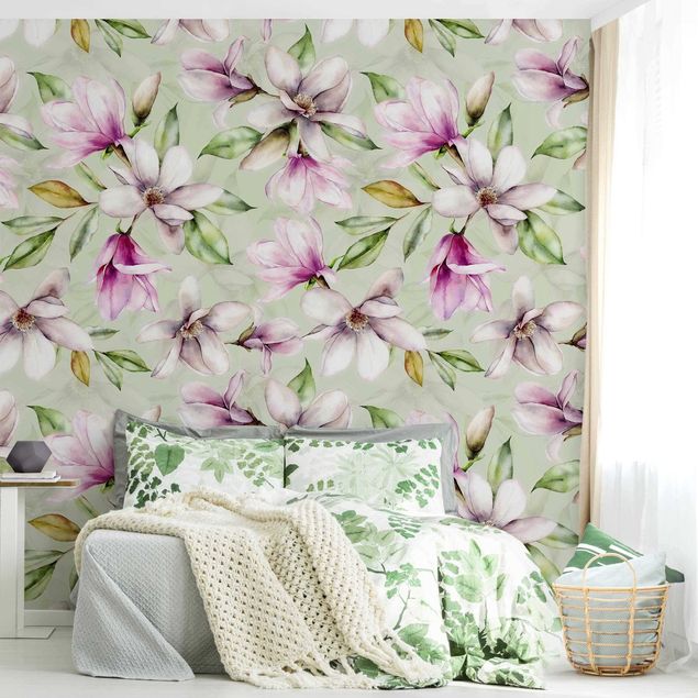 Wanddeko Schlafzimmer Magnolien Illustration auf Mint