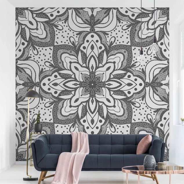Wanddeko Schlafzimmer Mandala mit Raster und Punkten in Grau