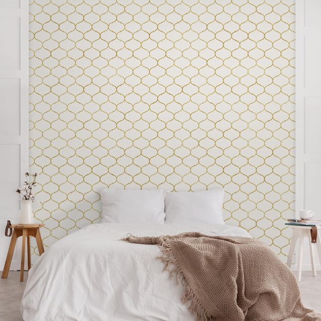 Wanddeko Schlafzimmer Marokkanisches Aquarell Linienmuster Gold
