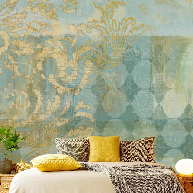 Wanddeko Wohnzimmer Marokkanische Collage in Gold und Türkis