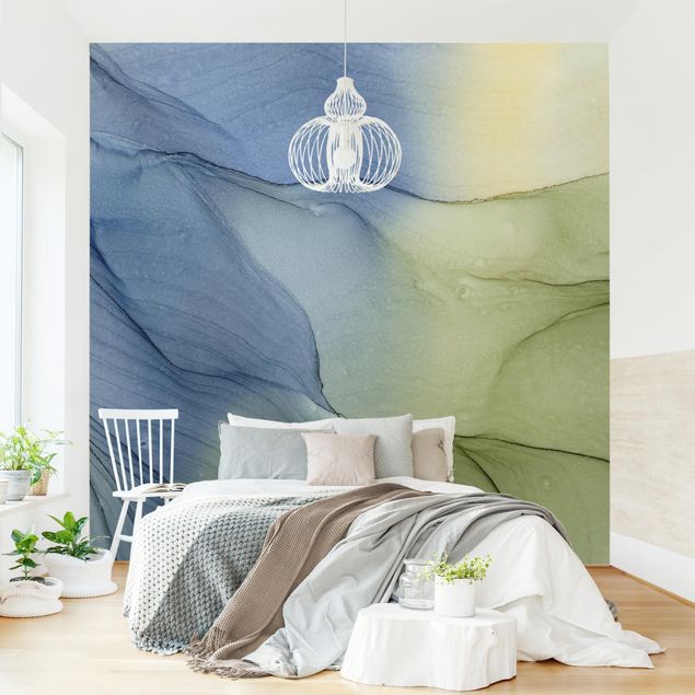Wanddeko Wohnzimmer Meliertes Blaugrau mit Moosgrün