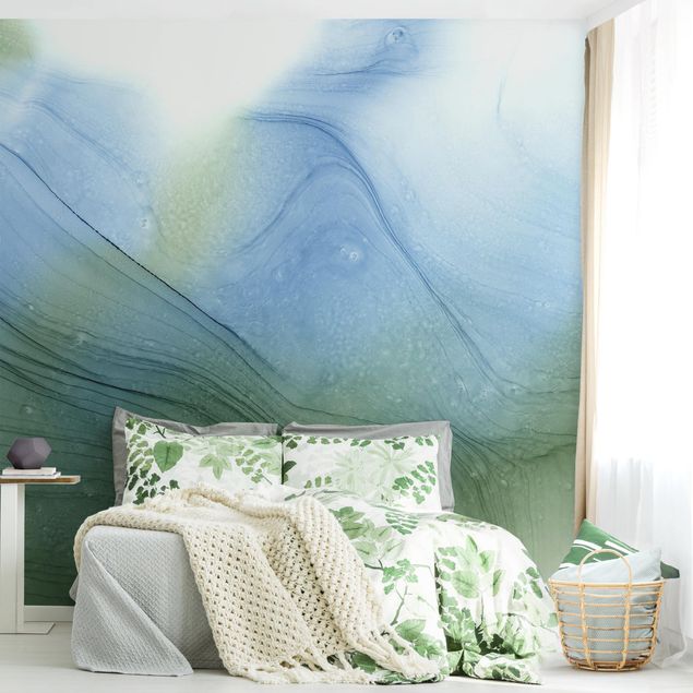 Wanddeko Wohnzimmer Meliertes Moosgrün mit Blau