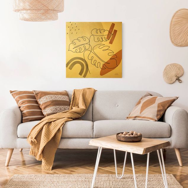 Wanddeko Wohnzimmer Monstera Lineart und Terracotta Farben