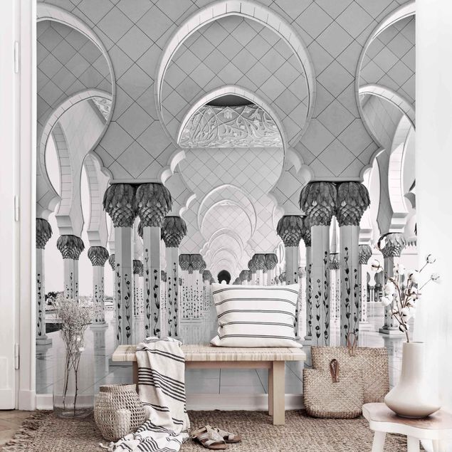 Wanddeko Architektur Moschee in Abu Dhabi Schwarz-Weiß