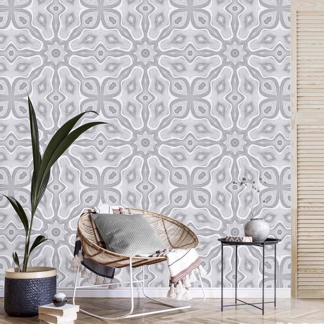 Wanddeko Wohnzimmer Muster in Grau und Silber mit Sternen