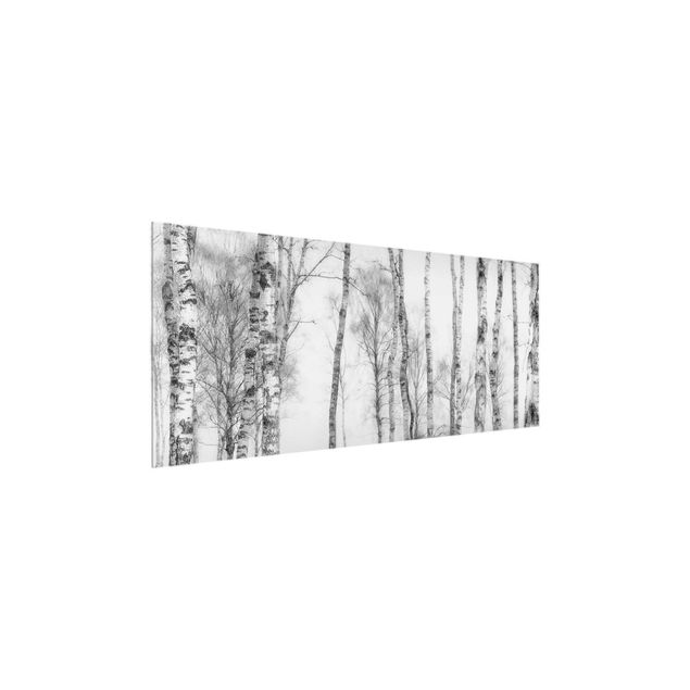 Wanddeko Büro Mystischer Birkenwald Schwarz-weiß