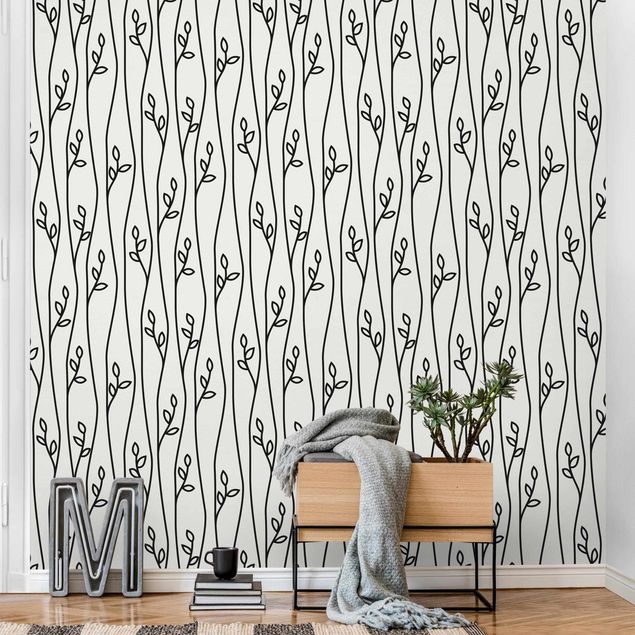 Wanddeko Wohnzimmer Natürliches Muster Pflanzenlinien in Schwarz
