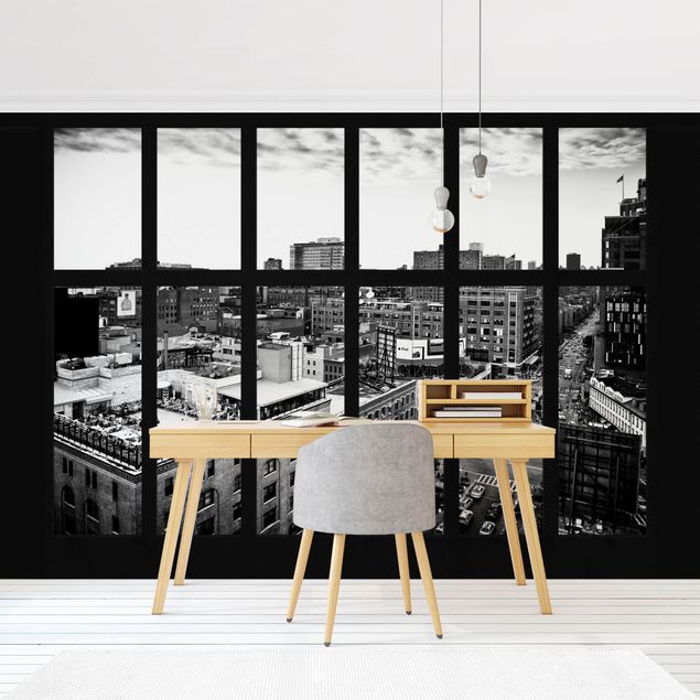 Wanddeko Wohnzimmer New York Fensterblick schwarz-weiss