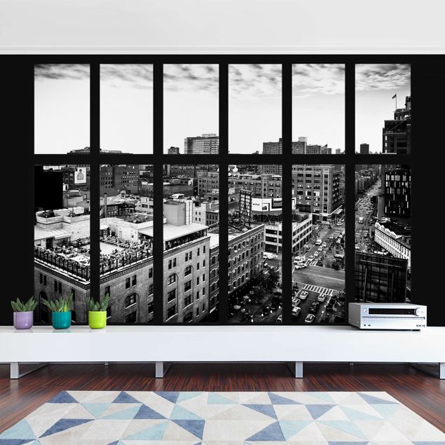 Wanddeko Schlafzimmer New York Fensterblick schwarz-weiss