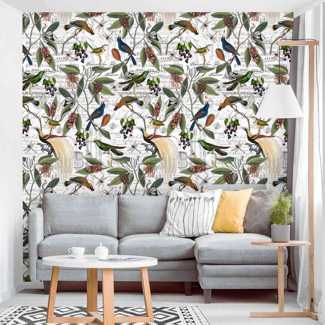 Wanddeko Wohnzimmer Nostalgischer Beerenblues mit Paradiesvögeln